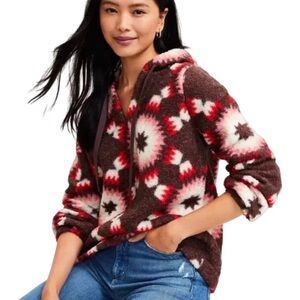 LOFT Women's Large Sunburst Sherpa Hoodie Sweater Pullover Brown Southwestern